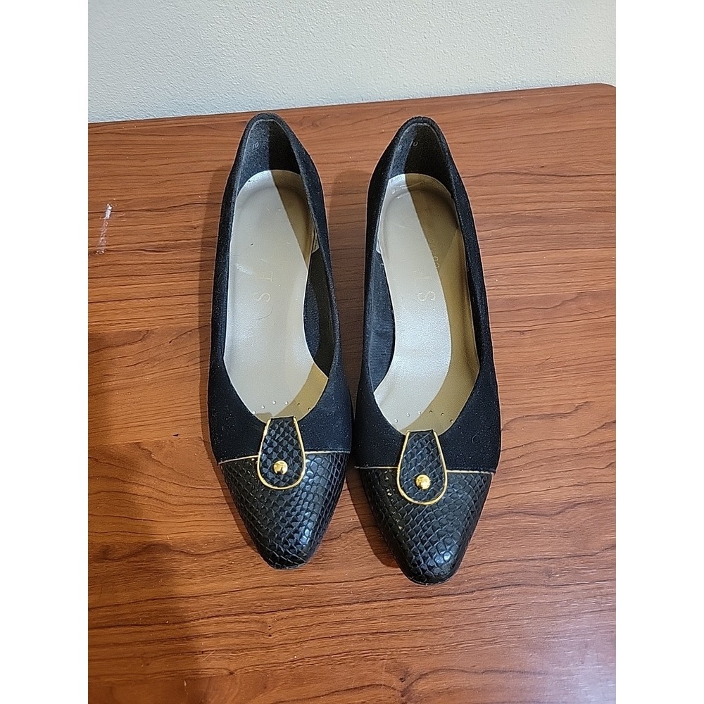 Women's Selby Size‎ 10 Comfort Flex Pumps Black Suede Gold Trim Lizard Look Toe
